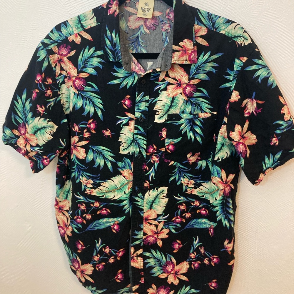 Rustic blue Hawaiian Reef Black Casual Button Down Shirt with Tropical Print